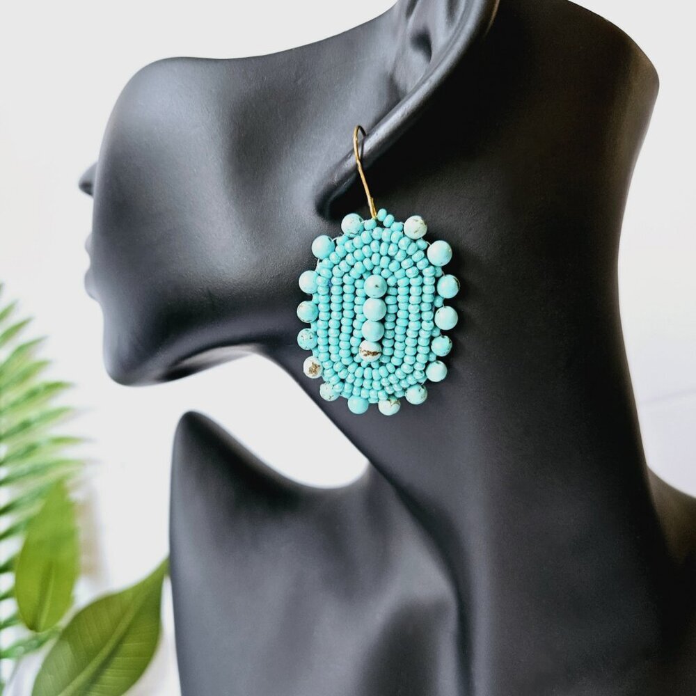 Large Beaded Turquoise Bohemian Shield Earrings | Handmade Indigenous Earrings